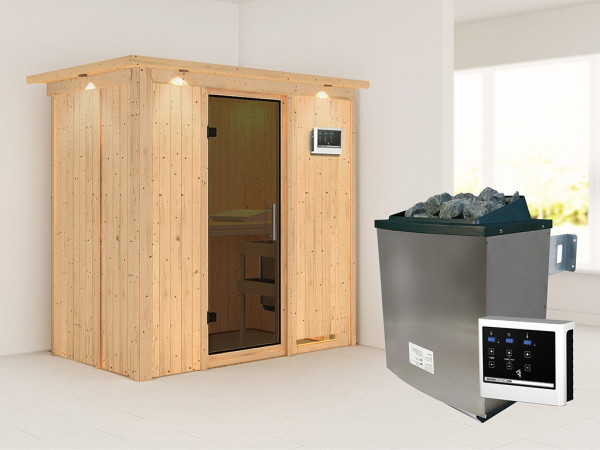 Sauna Systemsauna Variado mit Dachkranz, inkl. 9 kW Ofen mit externer Steuerung