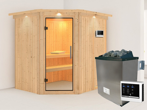 Sauna Systemsauna Siirin mit Dachkranz, inkl. 9 kW Ofen mit externer Steuerung