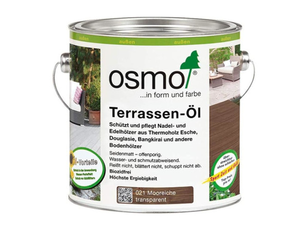 OSMO Terrassen-Öl  in 11 Farbtönen und 2 Größen (0,75 l / 2,5 l) erhältlich, Abbildung: Mooreiche