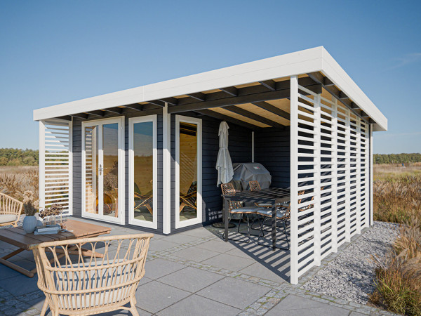 Gartenhaus Homeoffice Arvo 28 mm Anthrazit/Weiß mit 250 cm Anbau