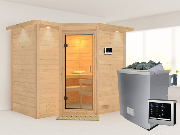 Sauna Massivholzsauna Sahib 2 mit Dachkranz, Klarglas Ganzglastür + 9 kW Saunaofen mit ext.Strg
