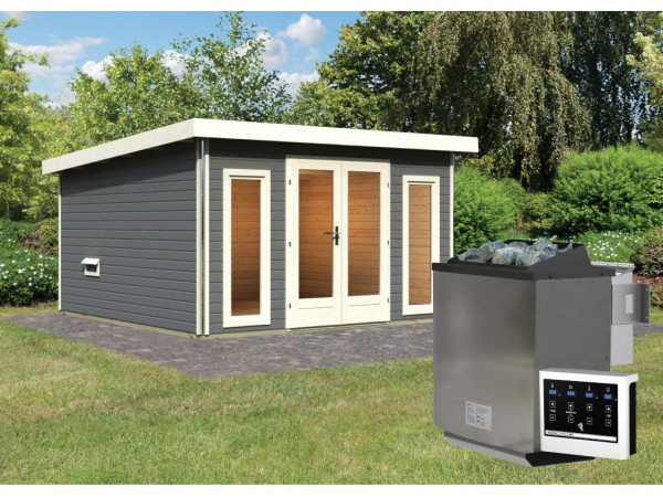 Saunahaus Mainburg 3 terragrau 38 mm inkl. Bio-Kombiofen 9 kW + ext. Steuerung