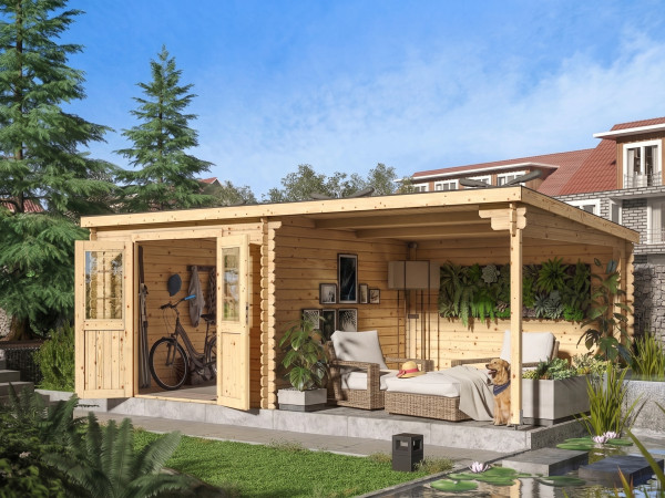 Gartenhaus Blockbohlenhaus CA2977 28 mm naturbelassen mit 3 m Anbau