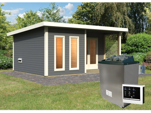 Saunahaus Mainburg 5 terragrau 38 mm inkl. klassischer Saunaofen 9 kW + ext. Steuerung