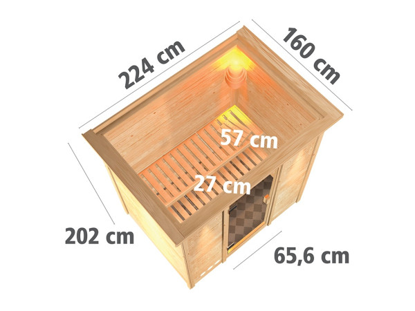 Sauna Massivholzsauna Sonja mit Dachkranz, inkl. 9 kW Bio-Ofen mit externer Steuerung