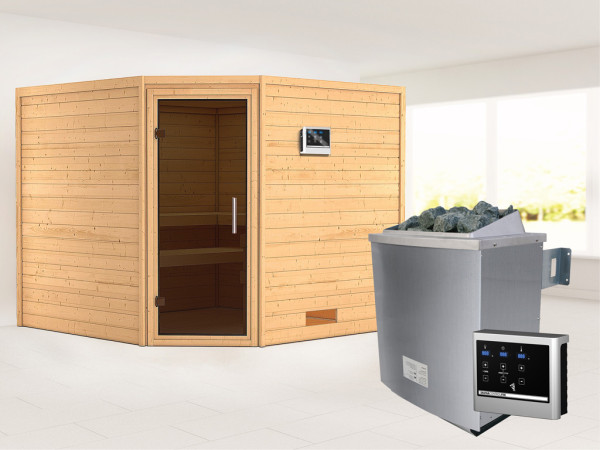 Sauna Massivholzsauna Leona graphit Ganzglastür + 9 kW Saunaofen mit ext. Strg