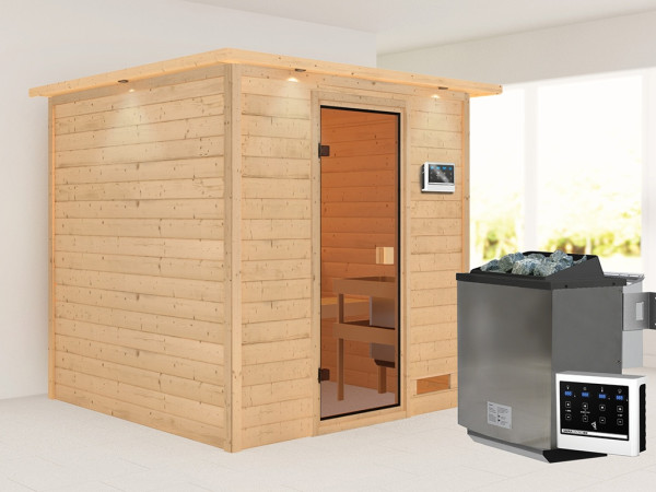 Sauna Jara mit bronzierter Glastür und Dachkranz + 9 kW Bio-Kombiofen ext. Strg.