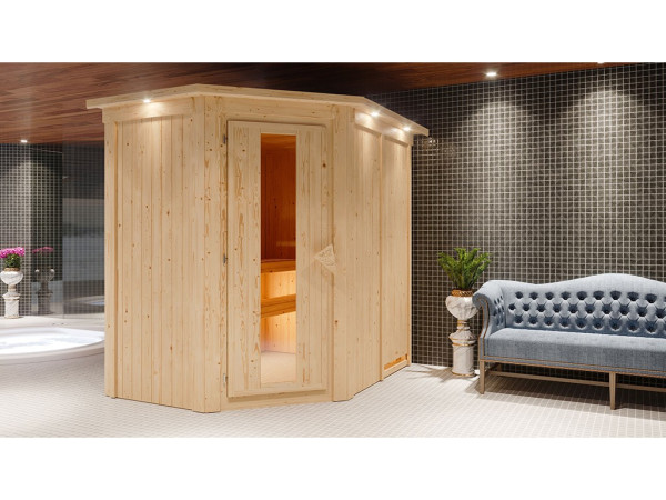 Sauna Systemsauna Carin mit Dachkranz, inkl. 9 kW Bio-Ofen mit externer Steuerung