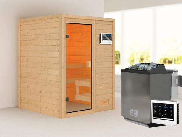 Sauna Massivholzsauna Sandra, inkl. 9 kW Bio-Ofen mit externer Steuerung