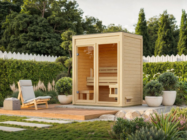 Standardmäßig ohne Ofen. Ein passender Saunaofen ist in unseren Sparsets enthalten.