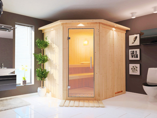 Sauna Systemsauna Siirin mit Dachkranz, inkl. 4,5 kW Ofen mit integrierter Steuerung