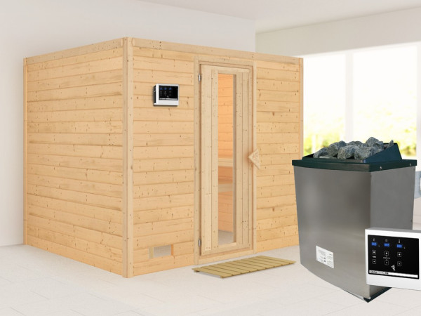 Massivholzsauna Sonara Holztür mit Isolierglas