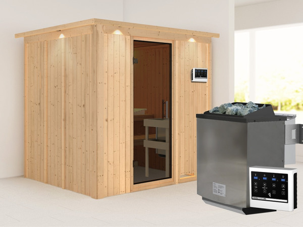 Sauna Systemsauna Sodin mit Dachkranz, inkl. 9 kW Bio-Ofen mit externer Steuerung