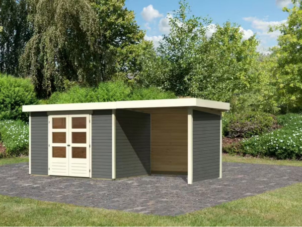 Gartenhaus-Set Askola 4, terragrau inkl. 2,4 m Anbaudach, Seiten- und Rückwand