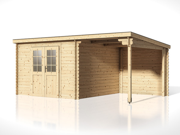Gartenhaus Blockbohlenhaus CA2976 28 mm naturbelassen mit 2 m Anbau