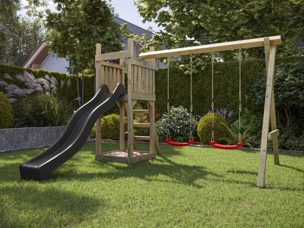 Spielturm Skinny KDI inkl. Doppelschaukel inkl. Rutsche grau + Sitze rot