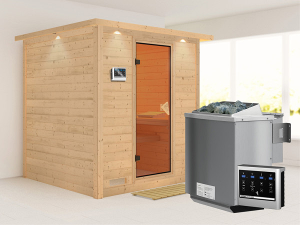 Massivholzsauna Mojave mit Dachkranz, bronzierte Ganzglastür, inkl. 9 kW Bio-Ofen ext. Steuerung