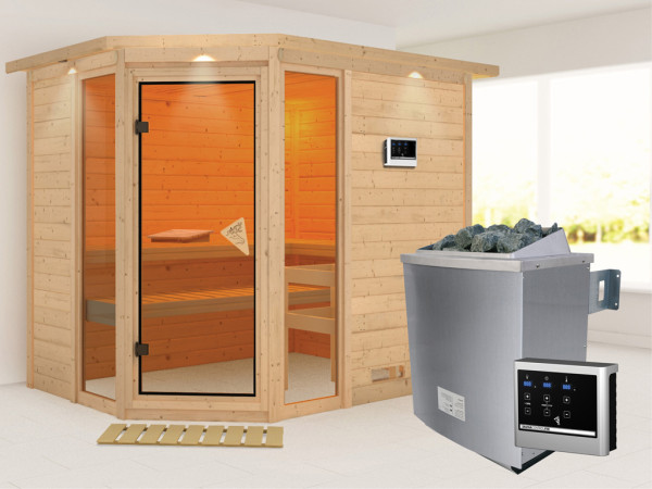 Sauna Massivholzsauna Sinai 3 mit Dachkranz, inkl. 9 kW Saunaofen ext. Steuerung