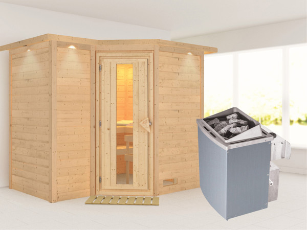 Massivholzsauna Sahib 2 mit Dachkranz, Holztür mit Isolierglas, inkl. 9 kW Ofen integr. Steuerung