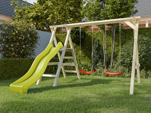 Doppelschaukel mit Podest Cosy Double KDI inkl. Rutsche gelb + 2 Schaukelsitze rot