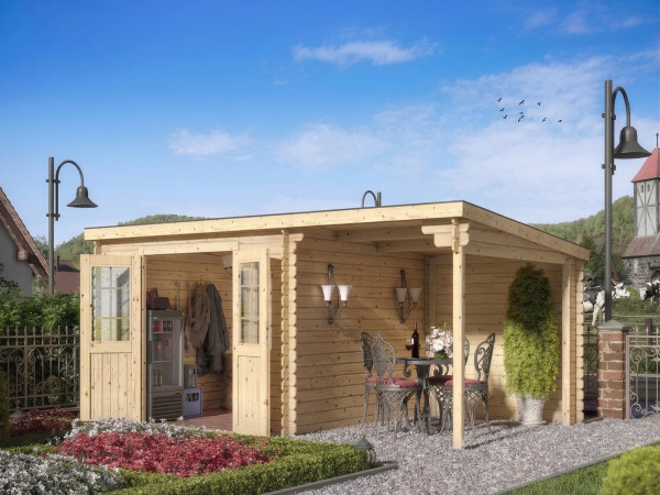 Gartenhaus Blockbohlenhaus CA2976 28 mm naturbelassen mit 2 m Anbau