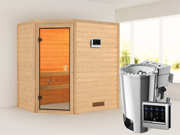 Sauna Jella mit bronzierter Glastür + 3,6 kW Plug &amp; Play Bio-Ofen ext. Strg.