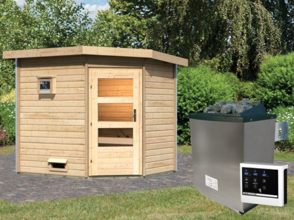 Saunahaus Mikka mit Klarglastür, inkl. 9 kW Bio-Kombiofen mit externer Steuerung