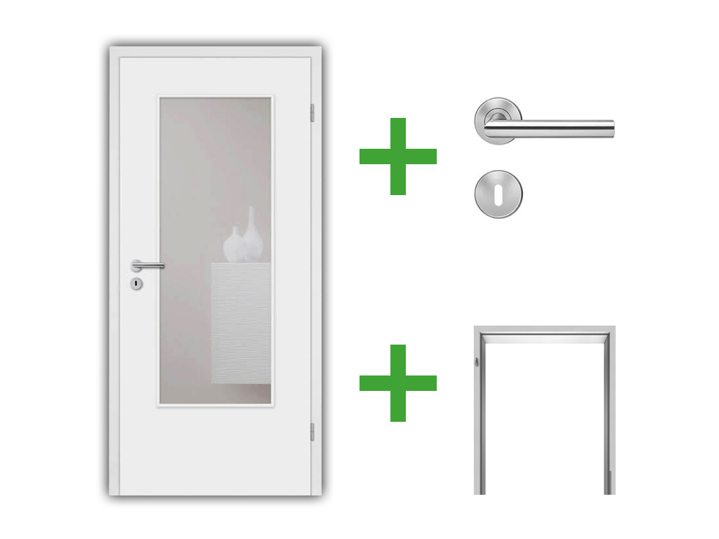 Türset Alba Weißlack RAL 9010 mit Lichtausschnitt (ohne Glas) Türblatt, Zarge, Drückergarnitur