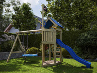 Spielturm Pirat Captain Jolly KDI mit Doppelschaukel inkl. Rutsche blau + Nestschaukel Spielturm Pirat Captain Jolly KDI mit Doppelschaukel inkl. Rutsche blau + Nestschaukel