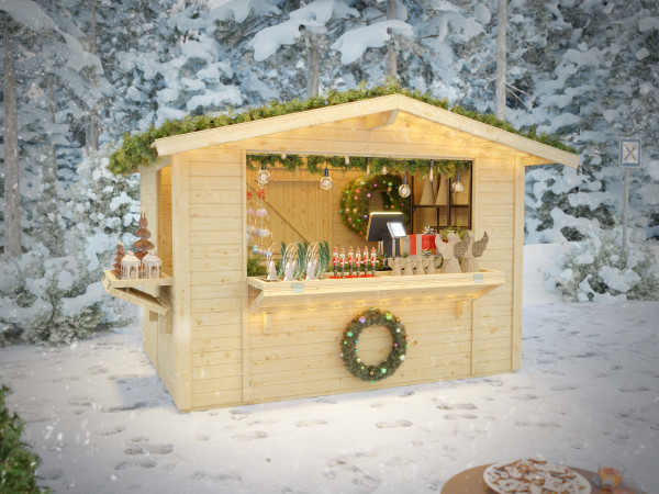 Marktstand - Verkaufsstand Jasmin 6 m² 18 mm naturbelassen inkl. Boden + 2. Verkaufsfenster