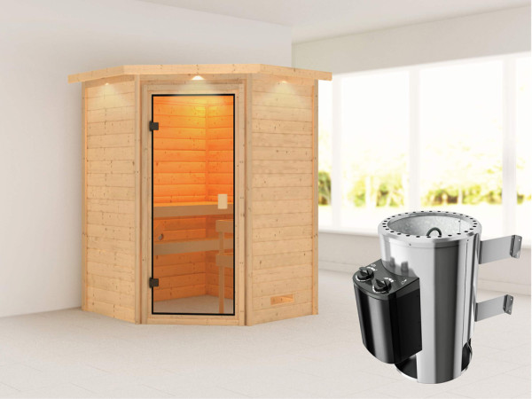 Sauna Antonia mit bronzierter Glastür und Dachkranz + 3,6 kW Plug &amp; Play Saunaofen integr. Strg.