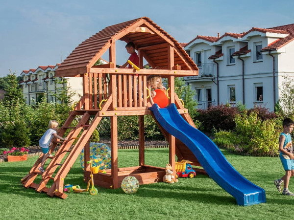 Spielturm Giant teakfarben inkl. Rutsche blau