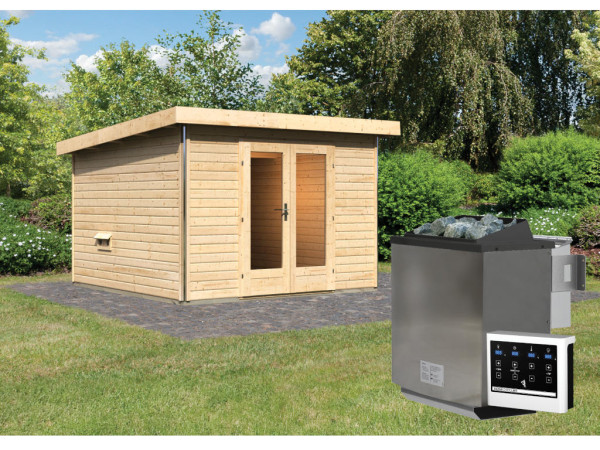 Saunahaus Mainburg 1 naturbelassen 38 mm inkl. Bio-Kombiofen 9 kW + ext. Steuerung