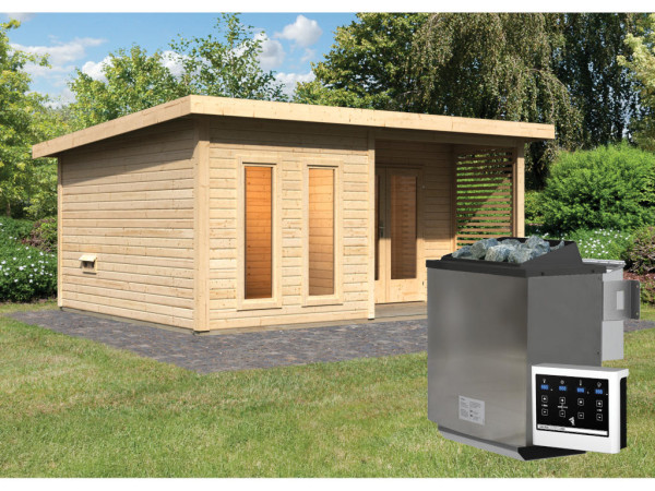 Saunahaus Mainburg 5 naturbelassen 38 mm inkl. Bio-Kombiofen 9 kW + ext. Steuerung