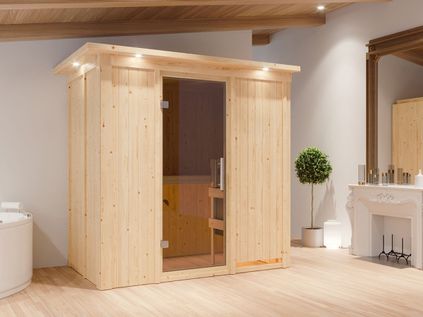 Sauna Systemsauna Variado mit Dachkranz, inkl. 9 kW Ofen mit integrierter Steuerung