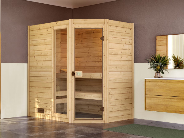 Massivholzsauna Valida Eck mit Ganzglastür inkl. 5,4 kW Kompakt Saunaofen Naturbelassen