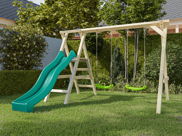 Doppelschaukel mit Podest Cosy Double KDI inkl. Rutsche türkis + 2 Schaukelsitze grün