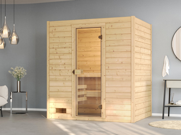 Massivholzsauna Valida mit Ganzglastür inkl. 7,5 kW Saunaofen Naturbelassen