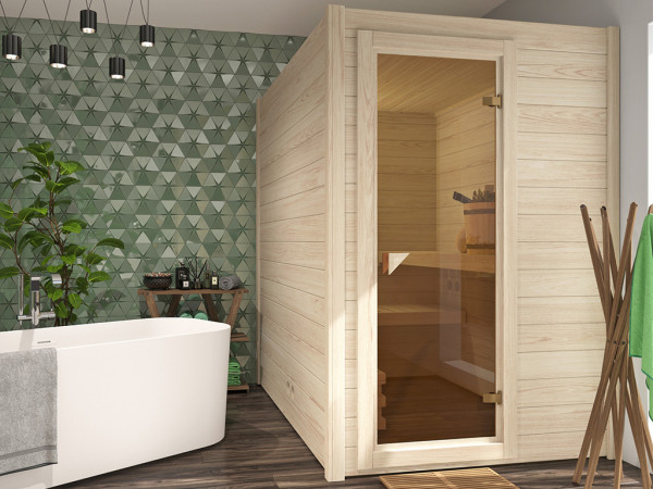 Sauna Massivholzsauna SPARSET Infuusio 2 inkl. 3,6 kW Ofen mit externer Steuerung