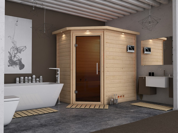 Sauna Massivholzsauna Svea mit Dachkranz, inkl. 9 kW Bio-Ofen mit externer Steuerung