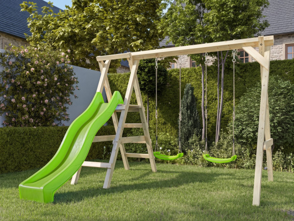 Doppelschaukel mit Podest Cosy Double KDI inkl. Rutsche grün + 2 Schaukelsitze grün