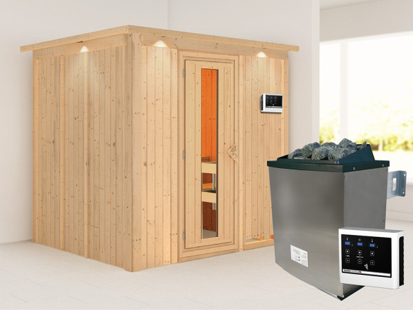 Sauna Systemsauna Sodin mit Dachkranz, inkl. 9 kW Ofen mit externer Steuerung