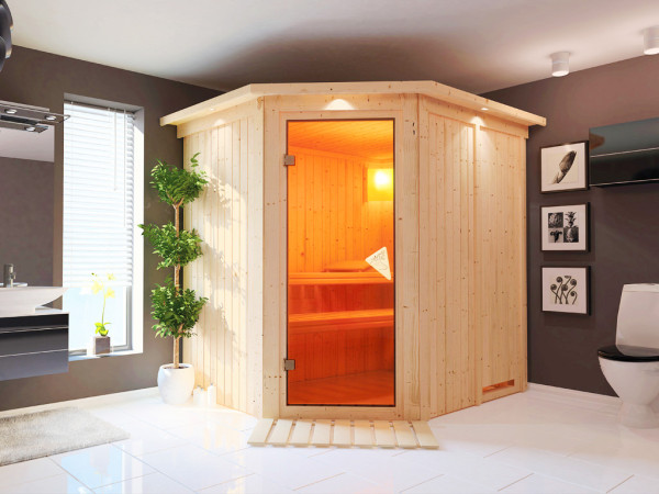 Sauna Systemsauna Siirin mit Dachkranz, inkl. 4,5 kW Ofen mit integrierter Steuerung