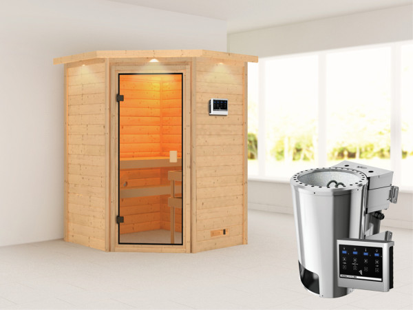 Sauna Antonia mit bronzierter Glastür und Dachkranz + 3,6 kW Plug &amp; Play Bio-Ofen ext. Strg.