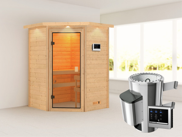 Sauna Antonia mit bronzierter Glastür und Dachkranz + 3,6 kW Plug &amp; Play Saunaofen ext. Strg.