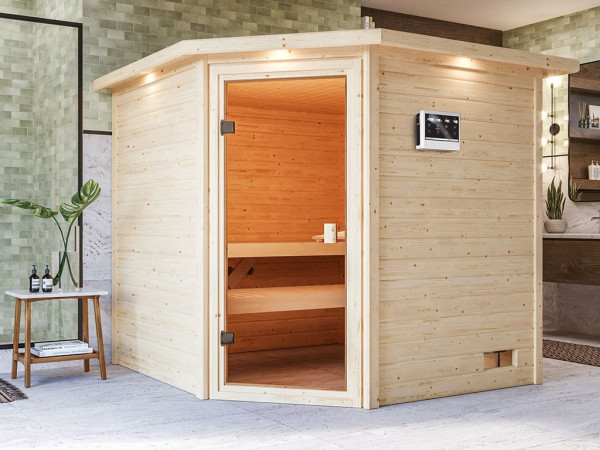 Sauna Tilda mit bronzierter Glastür und Dachkranz + 9 kW Bio-Kombiofen ext. Strg.