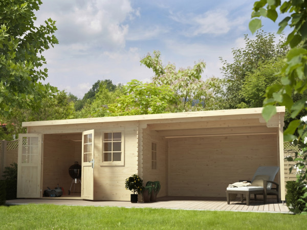 Gartenhaus Blockbohlenhaus CA2988 28 mm naturbelassen mit 4 m Anbau
