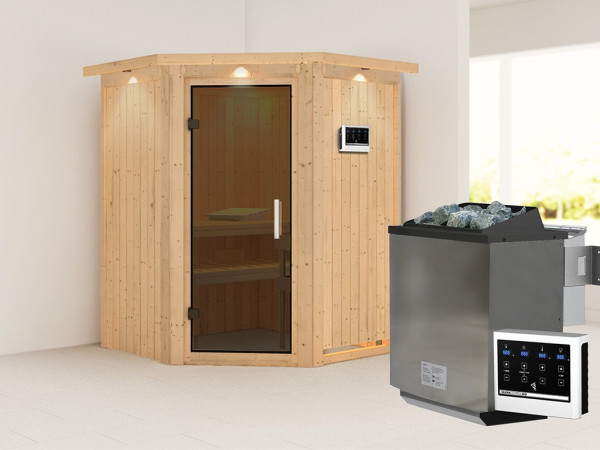 Sauna Systemsauna Larin mit Dachkranz, inkl. 9 kW Bio-Ofen mit externer Steuerung