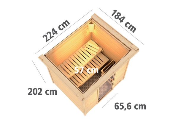 Sauna Massivholzsauna Anja mit Dachkranz, inkl. 9 kW Ofen mit integrierter Steuerung