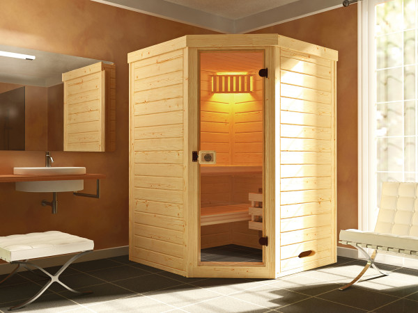 Systemsauna Laukkala mit Ganzglastür inkl. 3,6 kW Bio Saunaofen Naturbelassen
